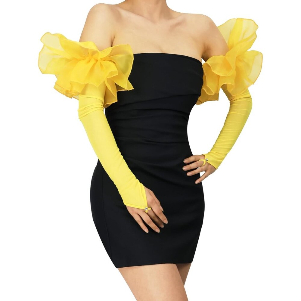 Women's Yellow Tulle Evening Mesh Sheer Puff Long Gloves Stretchy Wedding Party